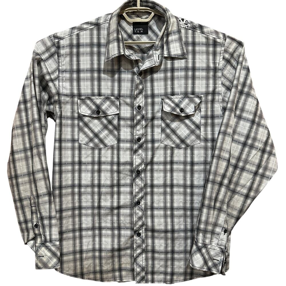 Level TEN Button Up Shirt Men XL Black White Plaid Cotton Blend Grunge Casual